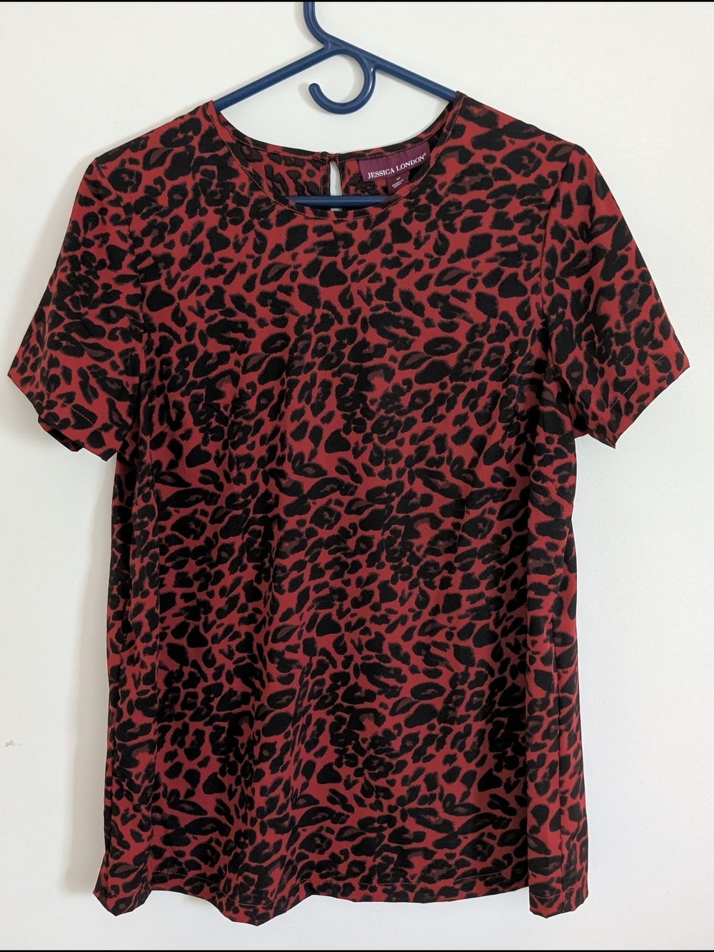 Jessica London Animal Print Red Black Knit Polyester Round Neck Blouse 12